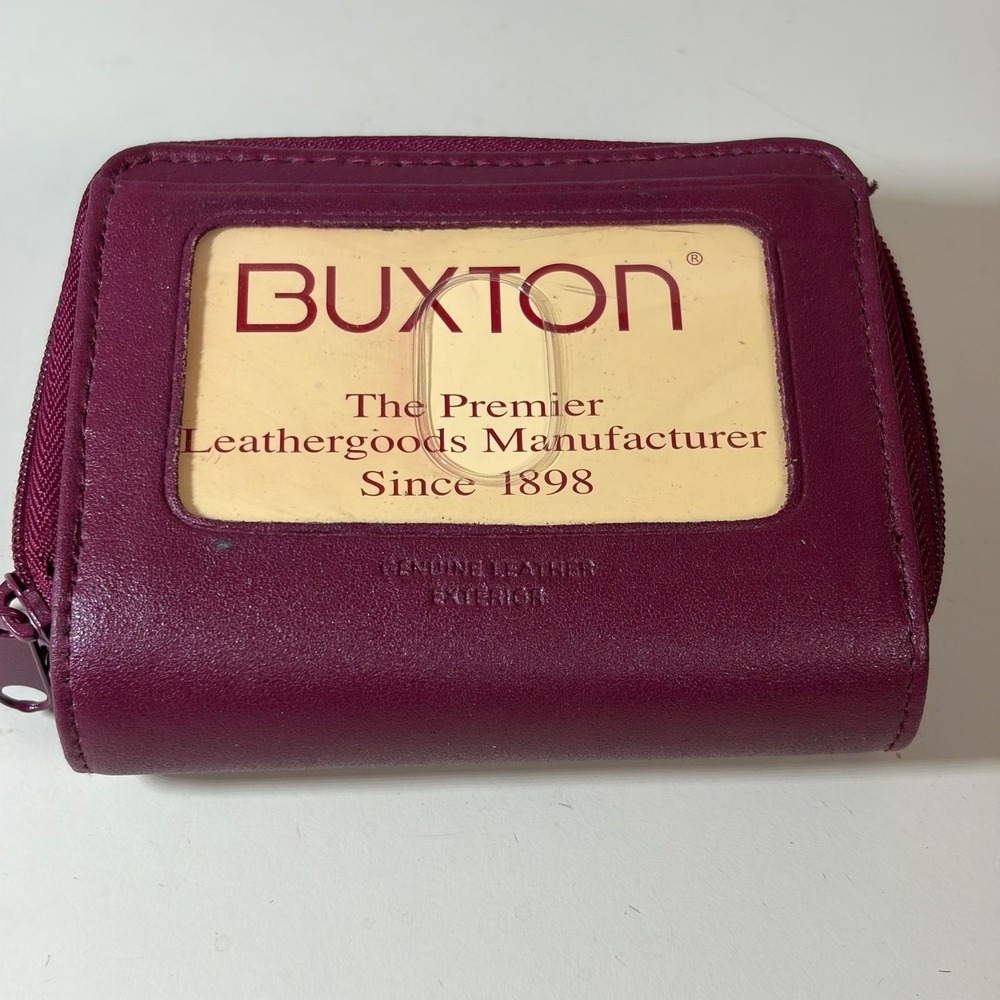 Buxton Double Zip Wallet Womens Small Plum Purple Leather Accordion Card Case
